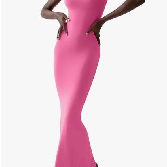🆕XS BUBBLE GUM PINK SOFT LOUNGE LONG SLEEVE SQUARE NECK RIBBED SKIMS STYLE MAXI - Picture 4 of 15